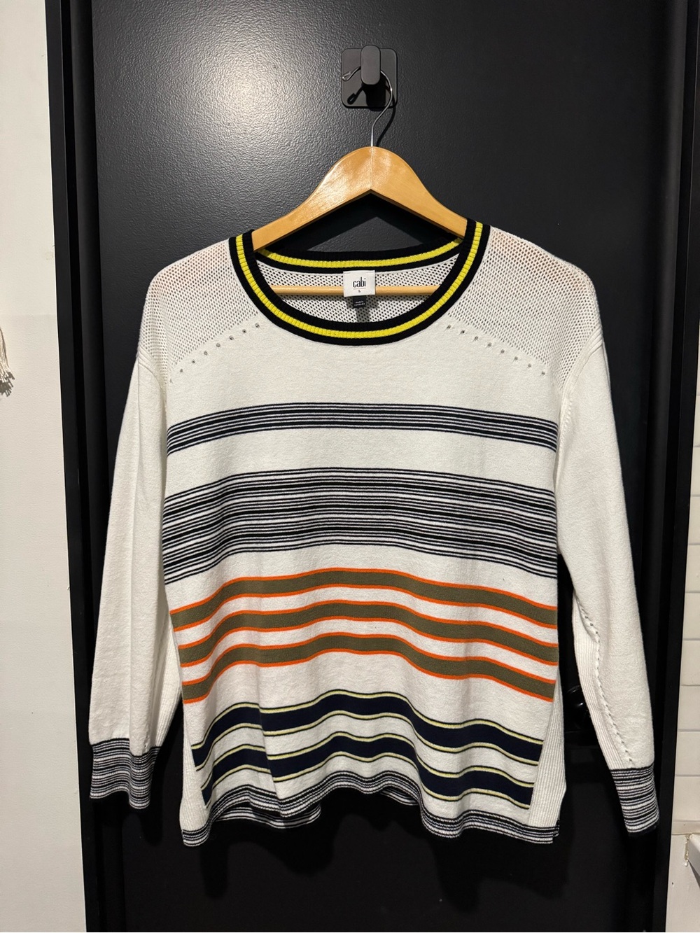 CAbi Cotton Parasol Pullover in Cabana Stripe with Navy, Orange & Yellow Trim